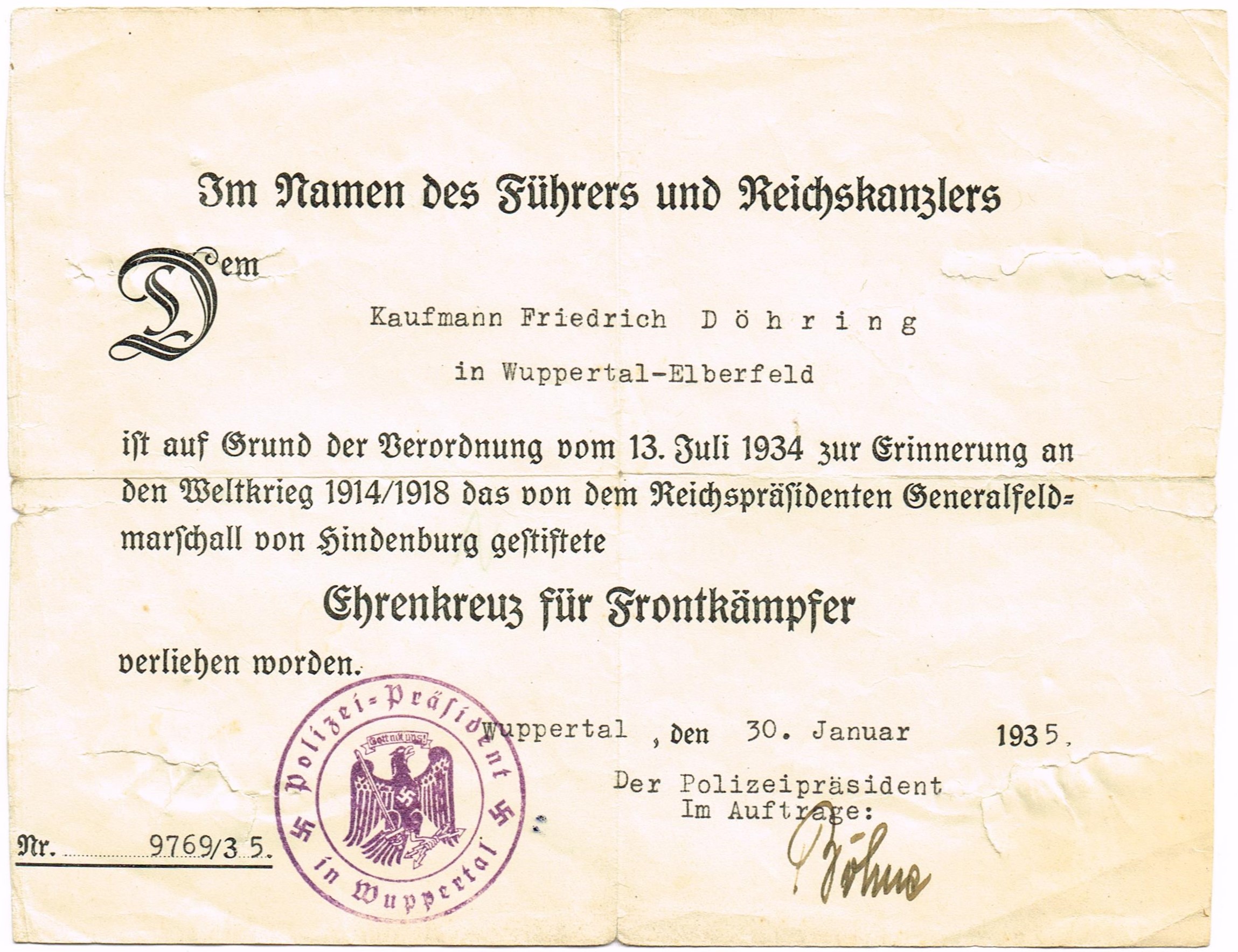 Photo Verleihung Kreuz für Frontkämpfer